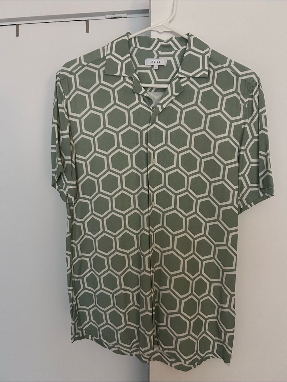 Reiss Men's Sage Green Hexagon Print Short-Sleeve Button-Down Shirt